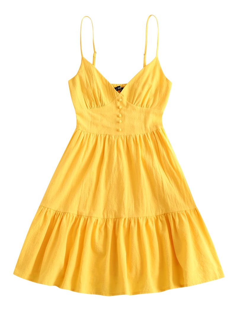 ZAFUL Women's Casual V Neck Summer Mini Dress Spaghetti Strap A-Line Short Dresses Backless Solid Color Sundress (A-f Yellow,M) - Image 1